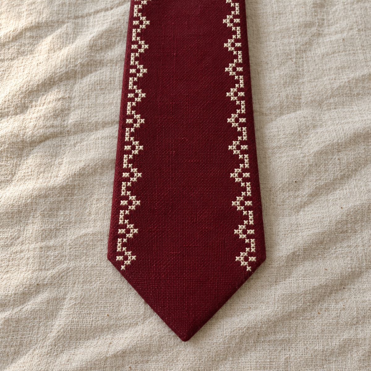 Ivory Border Tatreez Tie - Burgundy - detail