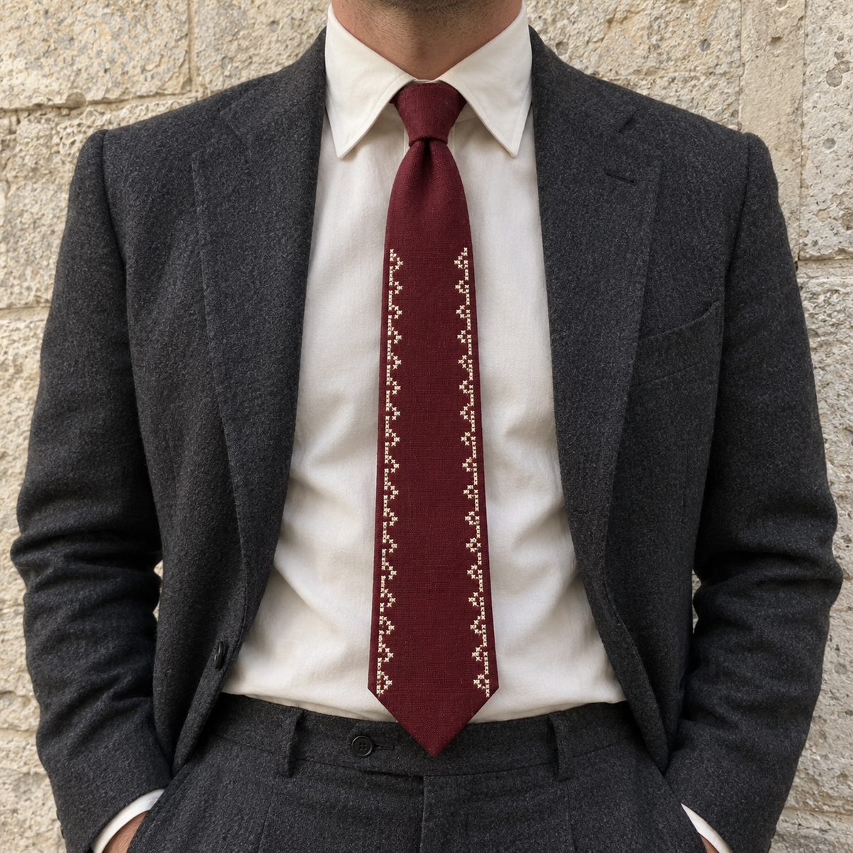 Ivory Border Tatreez Tie - Burgundy - model