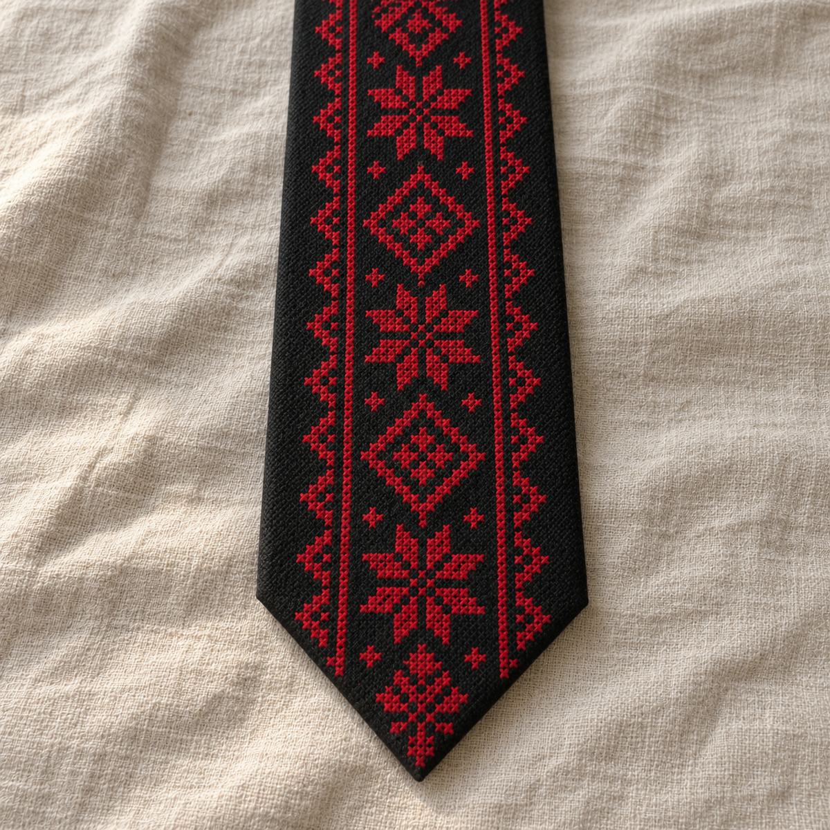 Red Star and Diamond Tatreez Tie - Black - detail