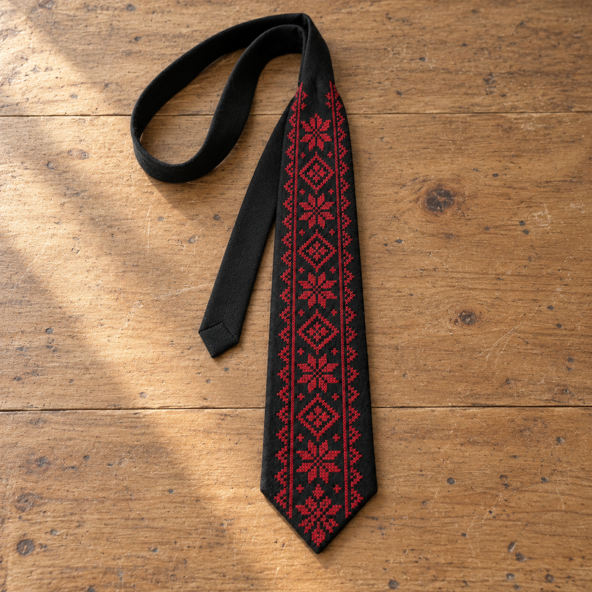 Red Star and Diamond Tatreez Tie - Black - flat