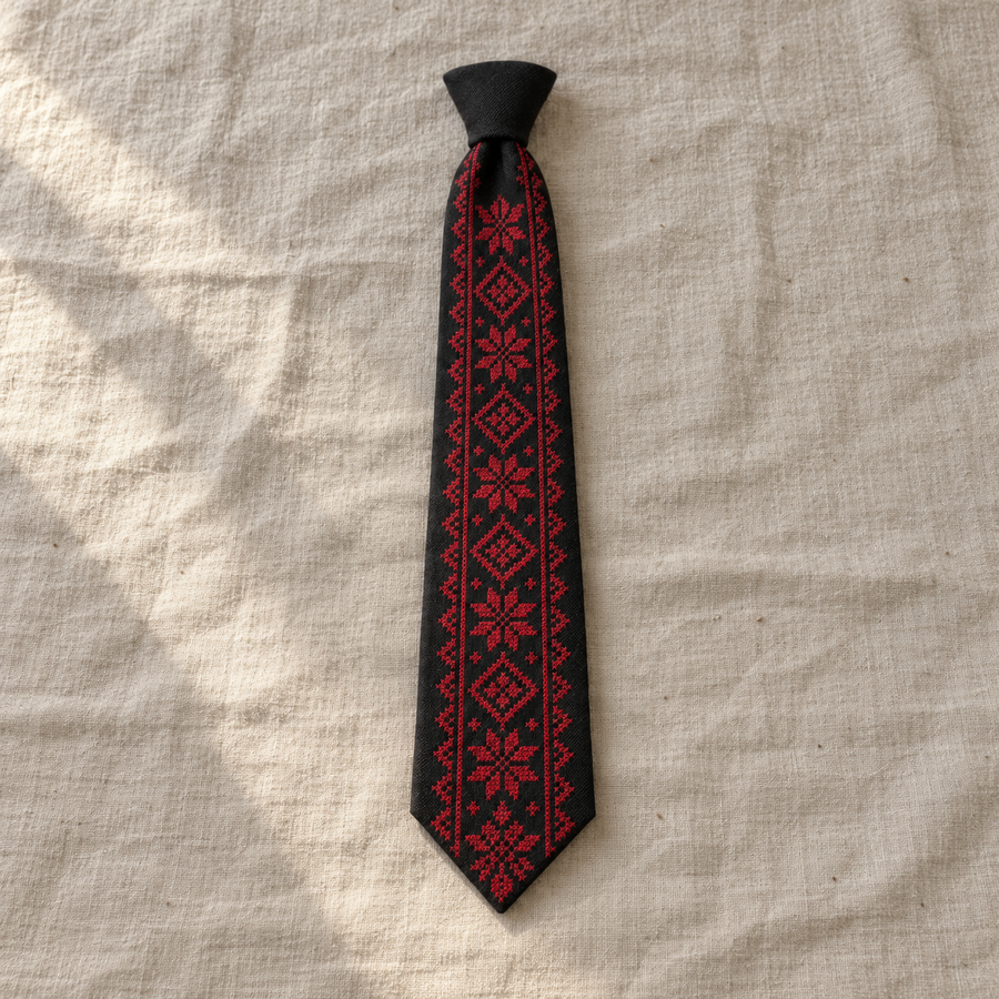 Red Star and Diamond Tatreez Tie - Black - main