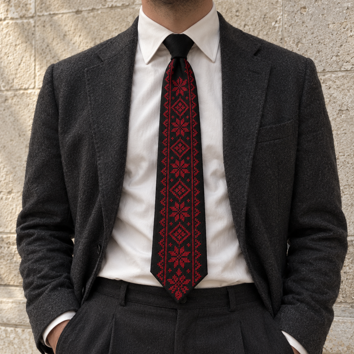 Red Star and Diamond Tatreez Tie - Black - model