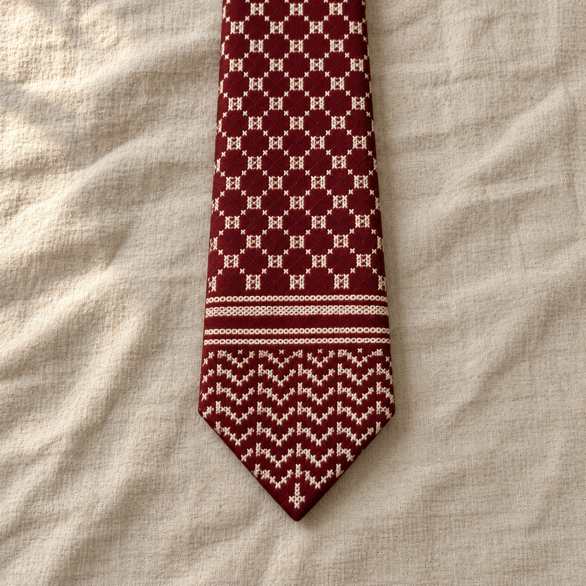 Keffiyeh Tatreez Tie - Burgundy - detail