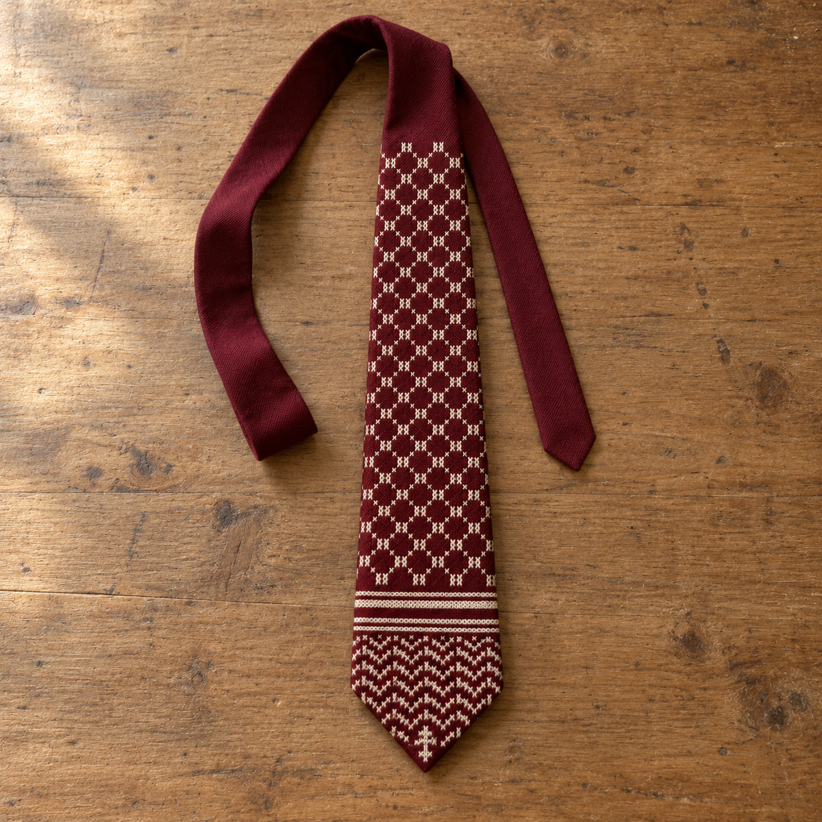 Keffiyeh Tatreez Tie - Burgundy - flat
