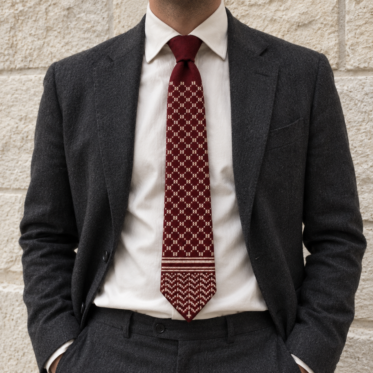 Keffiyeh Tatreez Tie - Burgundy - model