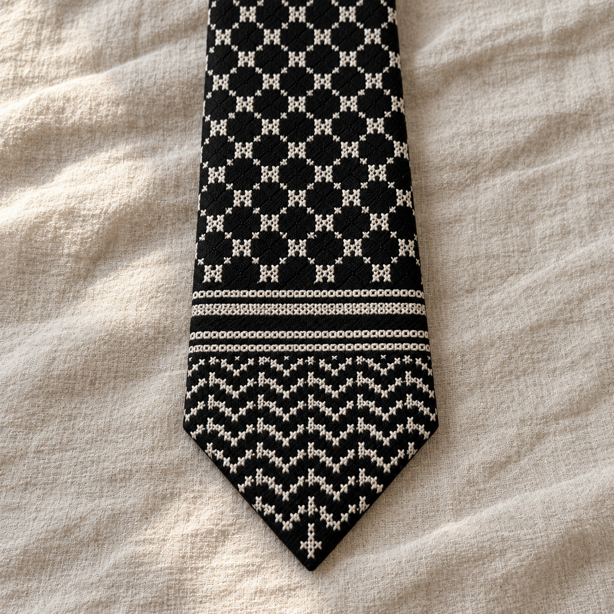 Keffiyeh Tatreez Tie - Black and White - detail