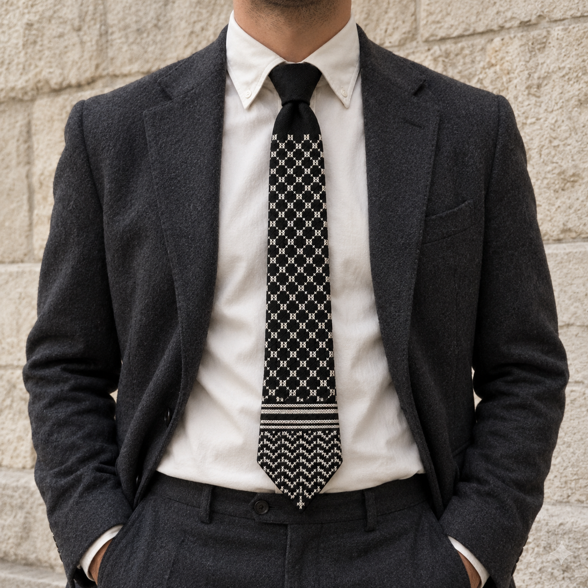 Keffiyeh Tatreez Tie - Black and White - model