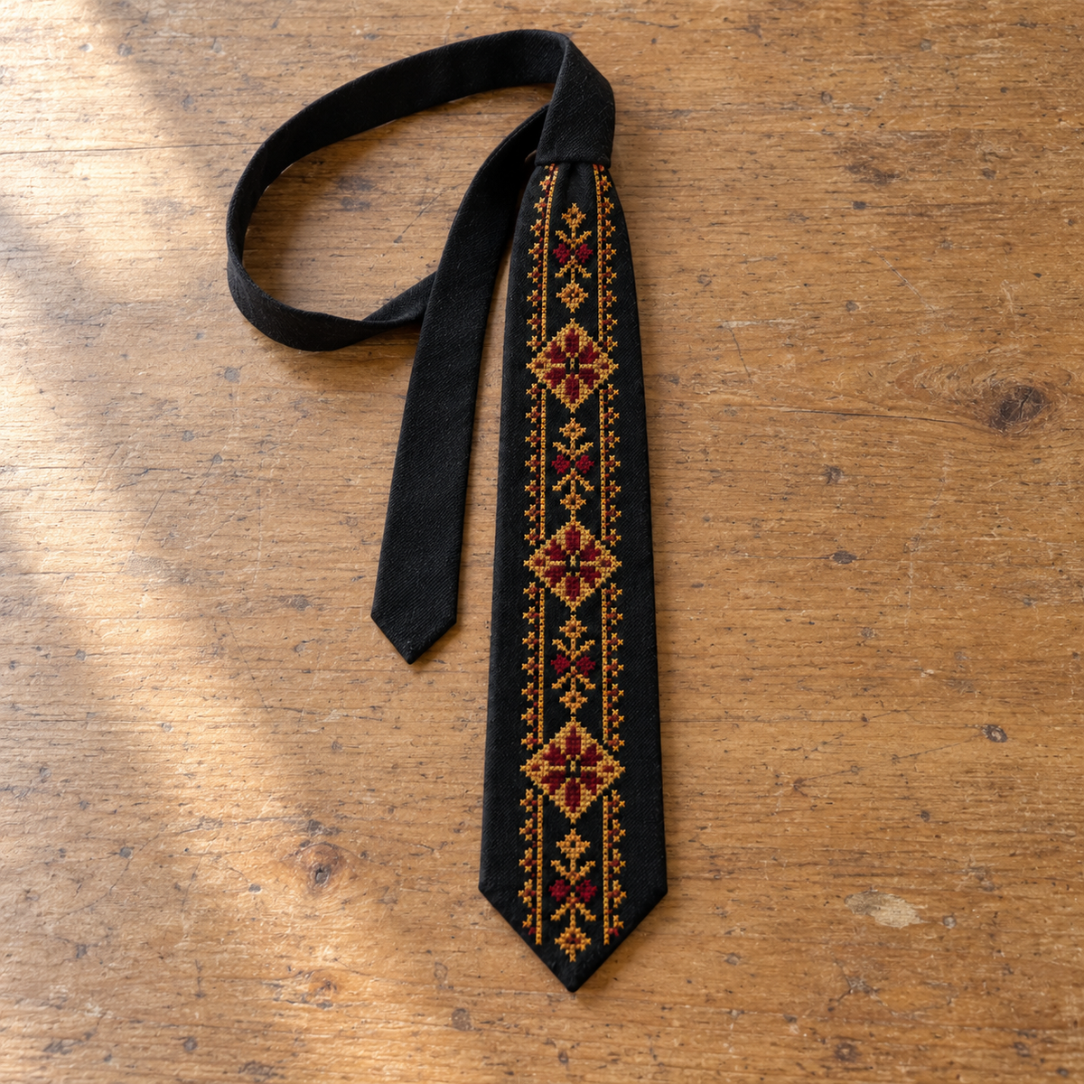 Gold Floral Tatreez Tie - Black - flat