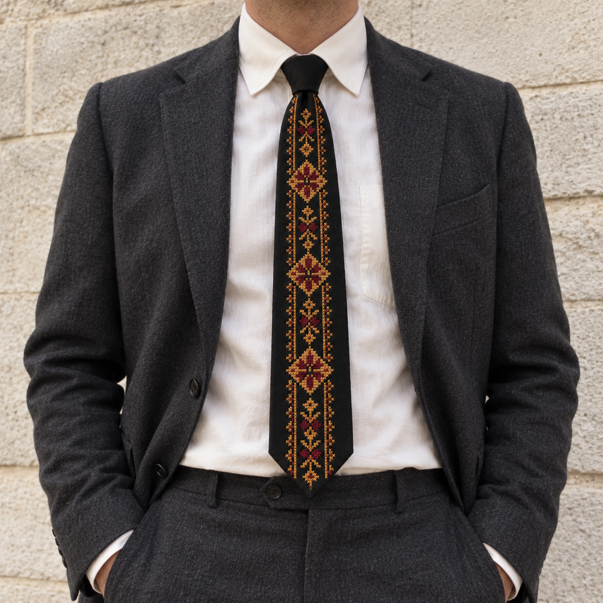Gold Floral Tatreez Tie - Black - model
