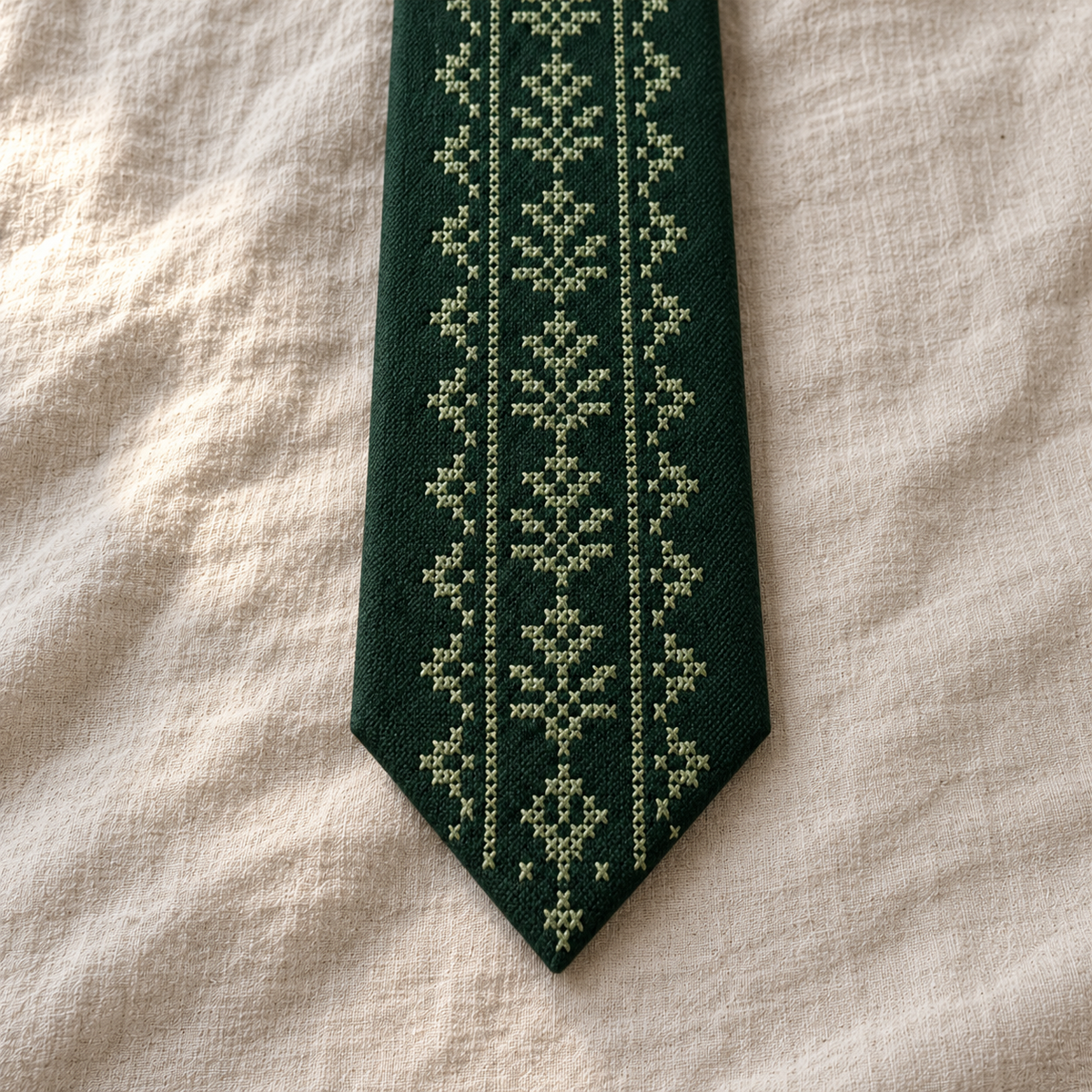 Sage Geometric Tatreez Tie - Forest Green - detail