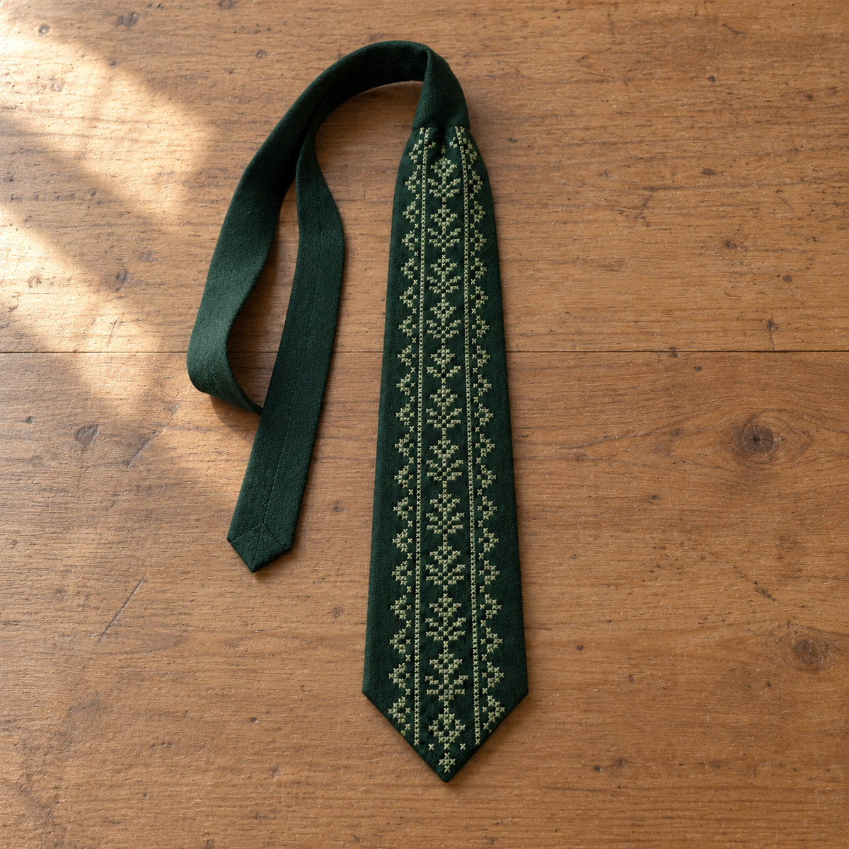 Sage Geometric Tatreez Tie - Forest Green - flat