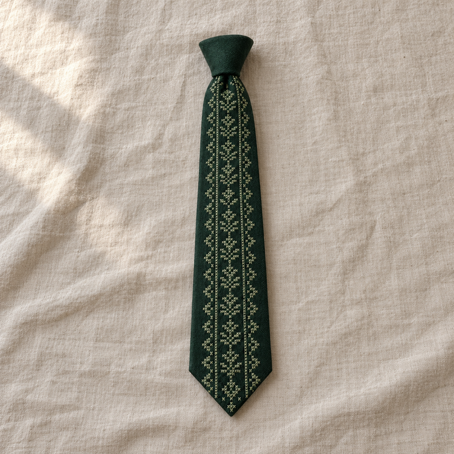 Sage Geometric Tatreez Tie - Forest Green - main