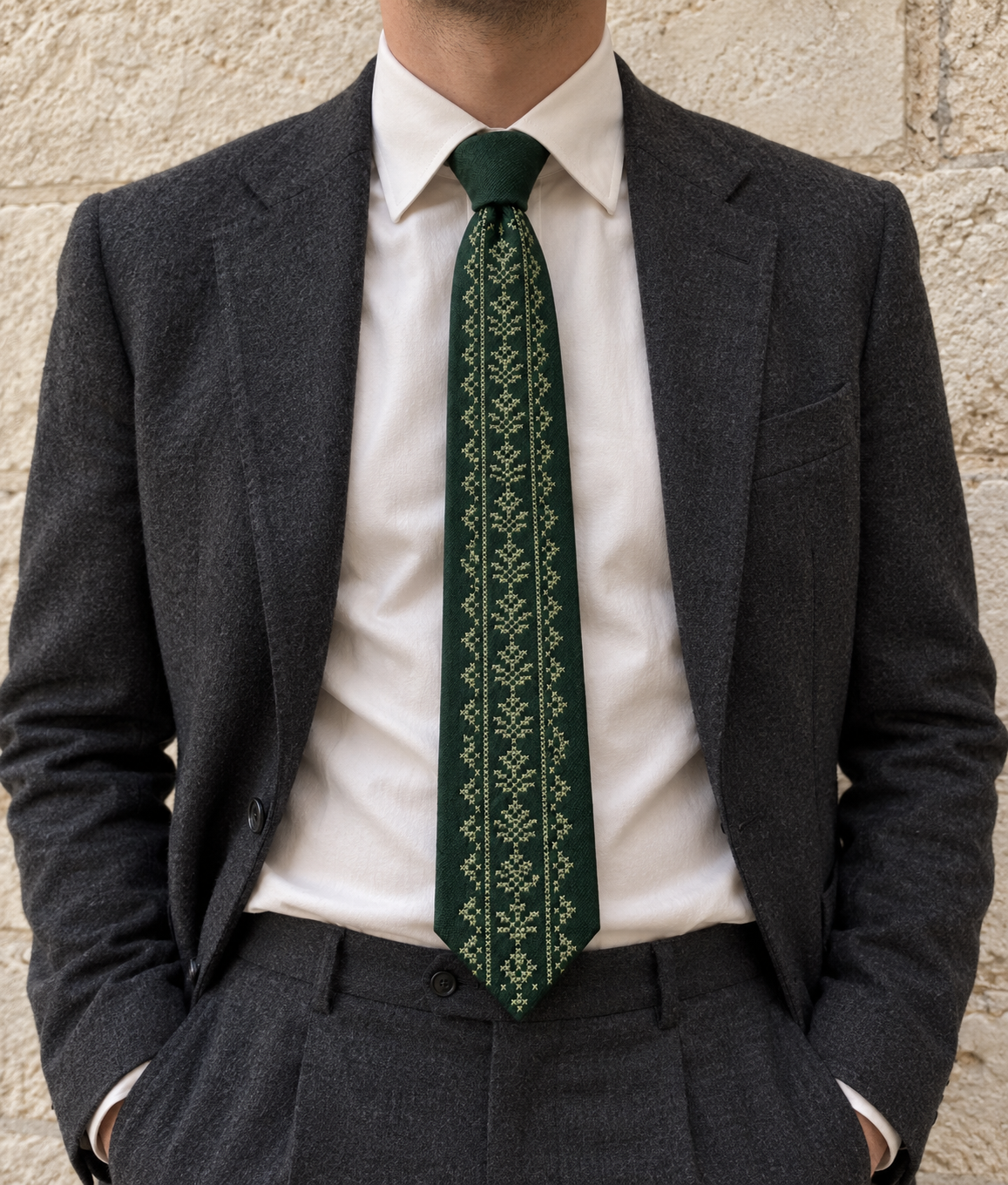 Sage Geometric Tatreez Tie - Forest Green - model
