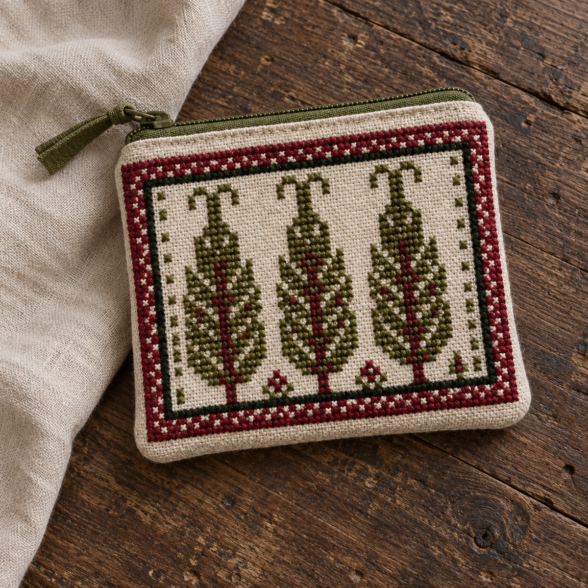 Three Cypress Tatreez Coin Purse - Olive & Burgundy - additional product view, digitally generated supplementary image