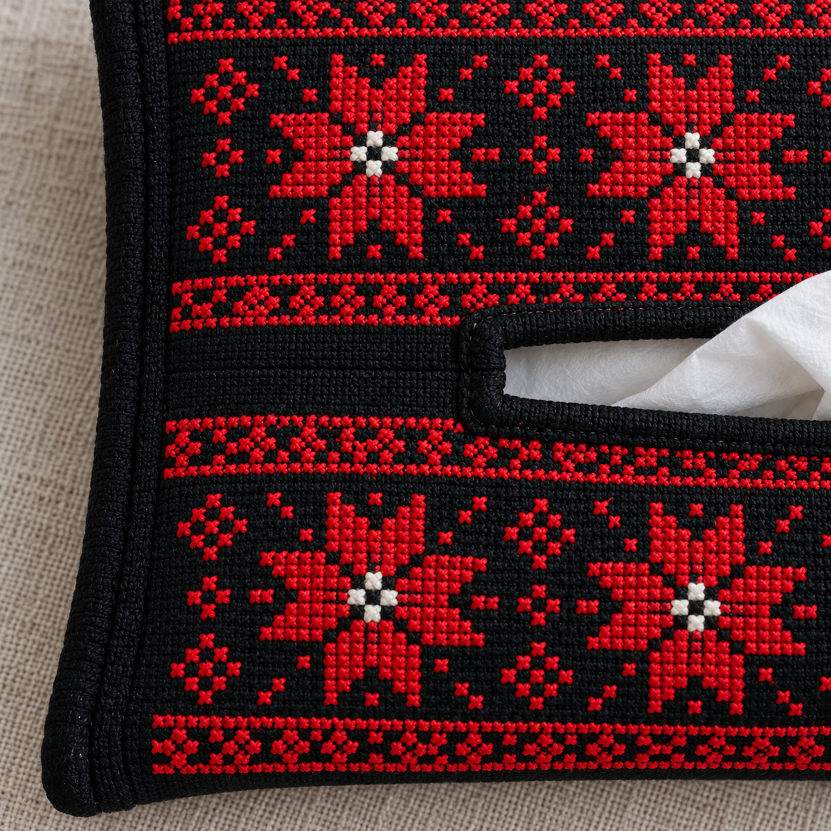 Red Geometric Tatreez Tissue Holder - Black - tatreez stitching close-up