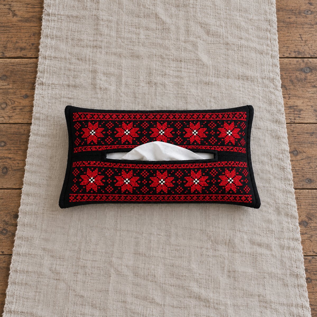 Red Geometric Tatreez Tissue Holder - Black - product view