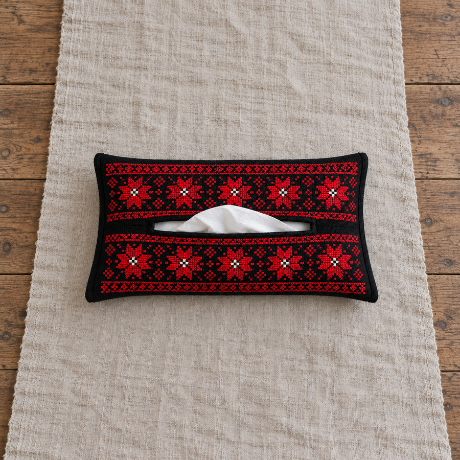Red Geometric Tatreez Tissue Holder - Black - product view