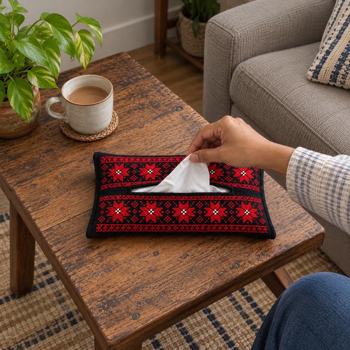 Red Geometric Tatreez Tissue Holder - Black - shown in use