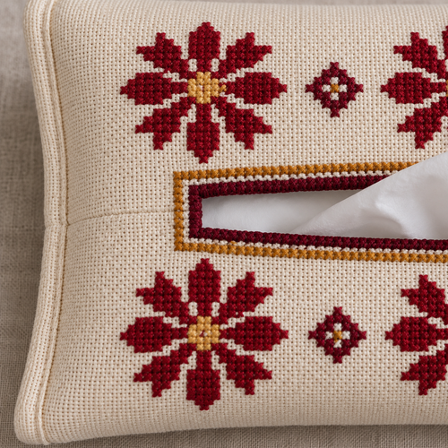 Burgundy Floral Tatreez Tissue Holder - Cream - tatreez stitching close-up
