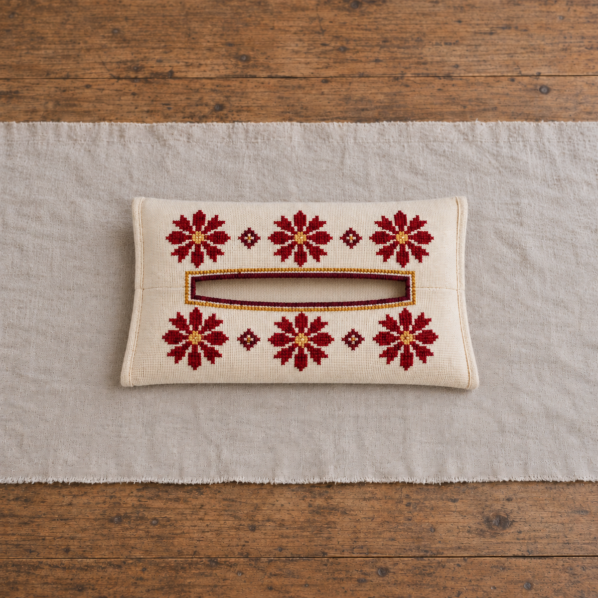 Burgundy Floral Tatreez Tissue Holder - Cream - empty cover without tissues
