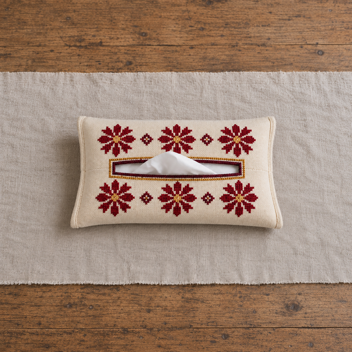 Burgundy Floral Tatreez Tissue Holder - Cream - product view
