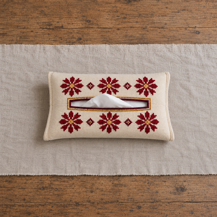 Burgundy Floral Tatreez Tissue Holder - Cream - product view