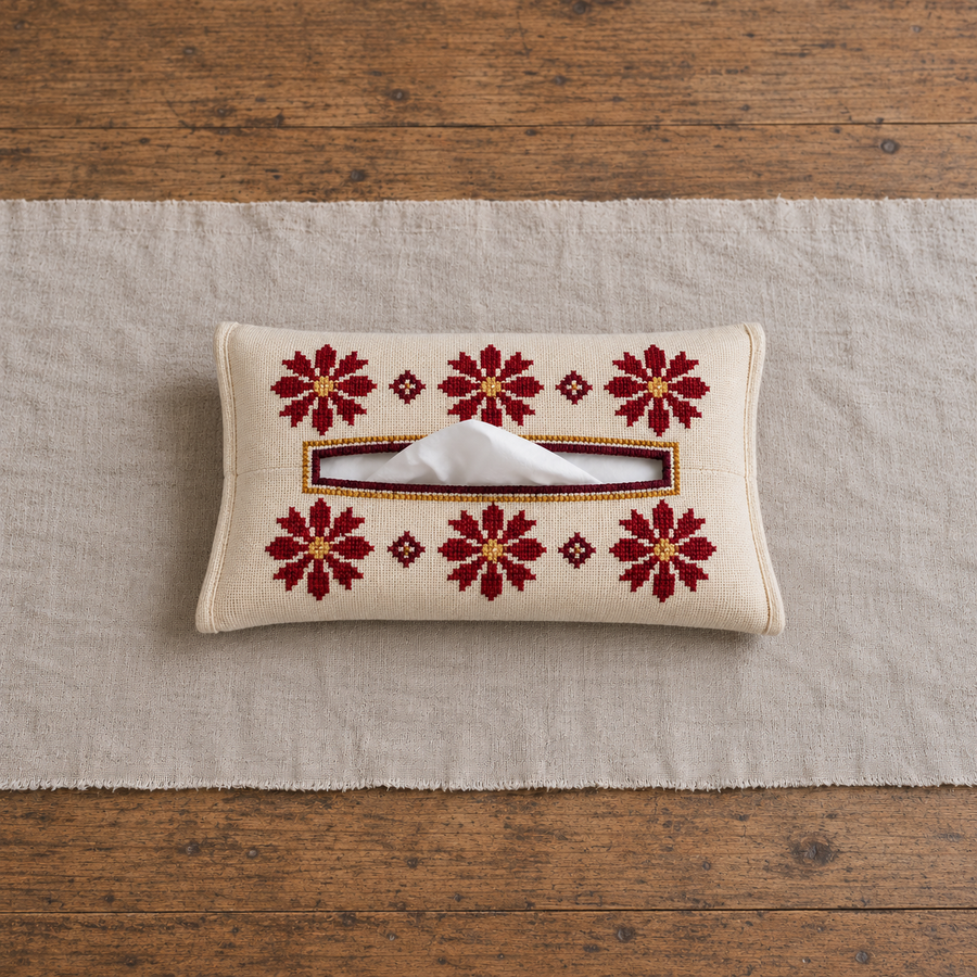 Burgundy Floral Tatreez Tissue Holder - Cream - product view