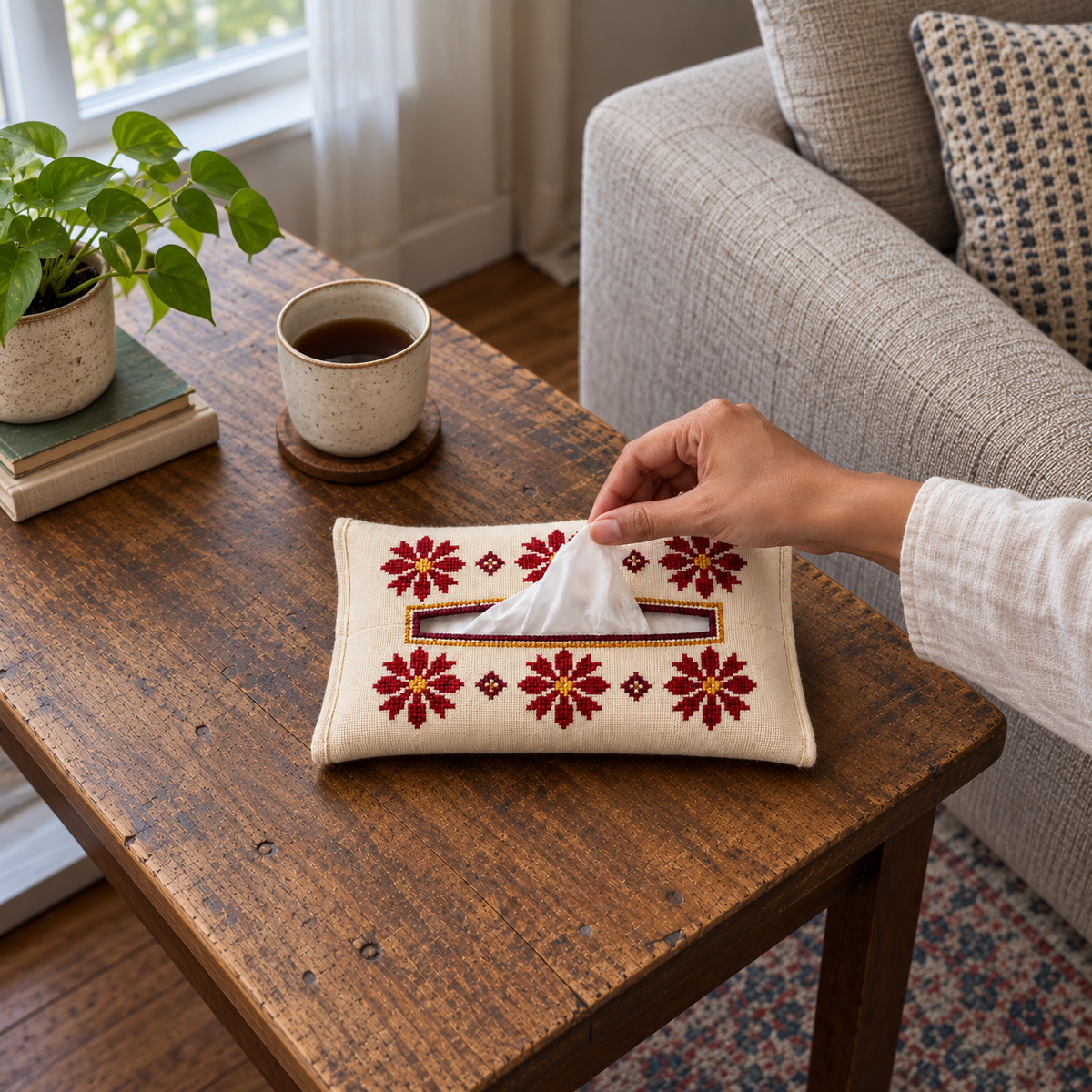 Burgundy Floral Tatreez Tissue Holder - Cream - shown in use
