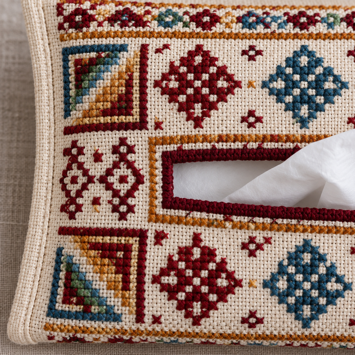 Multicolour Geometric Tatreez Tissue Holder - Cream - tatreez stitching close-up