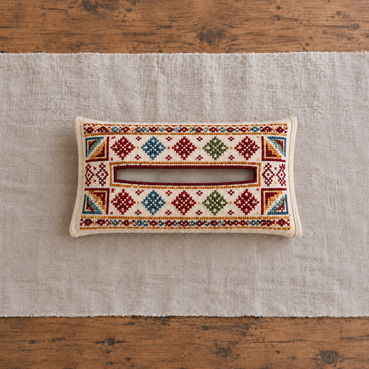 Multicolour Geometric Tatreez Tissue Holder - Cream - empty cover without tissues