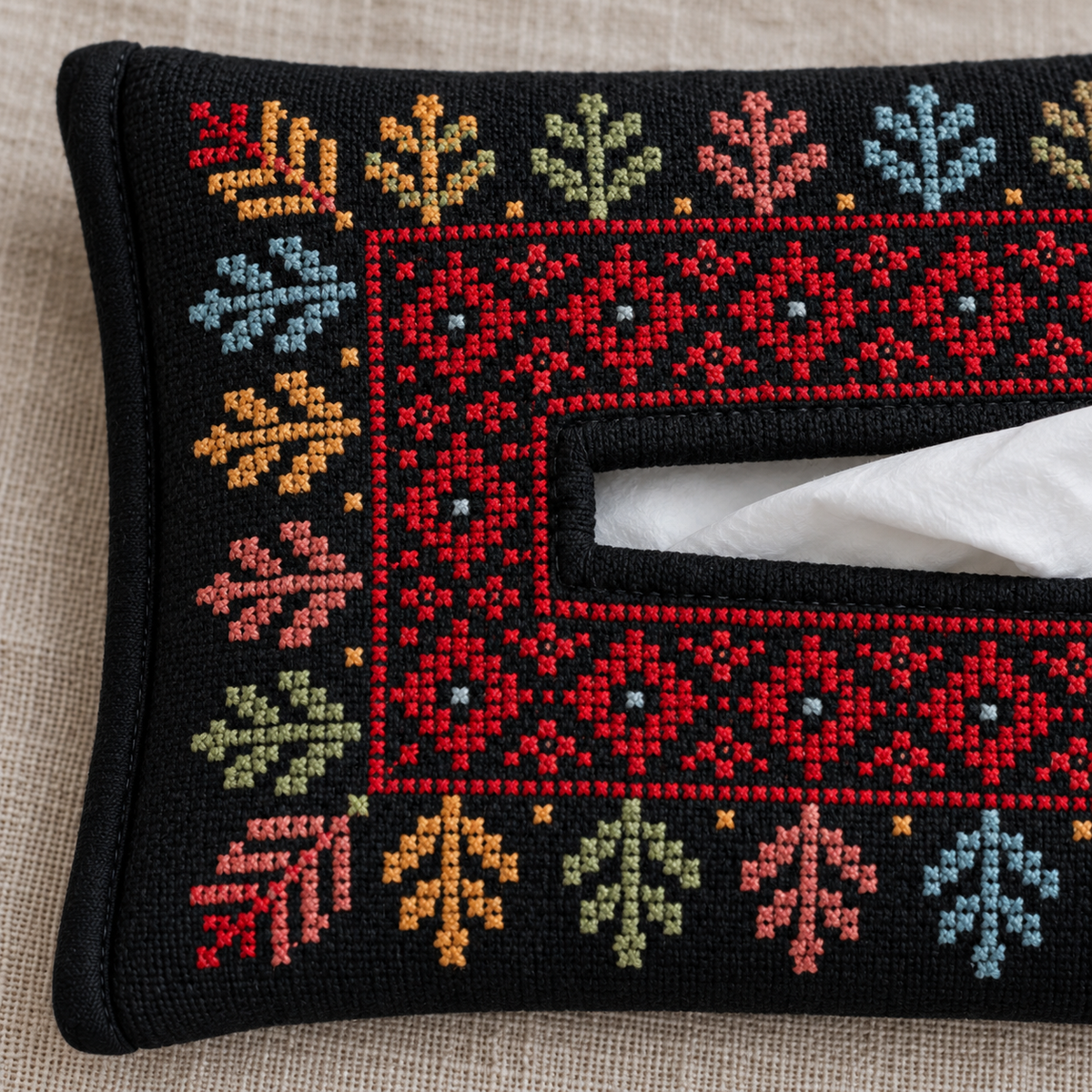 Colour Border Tatreez Tissue Holder - Black - tatreez stitching close-up