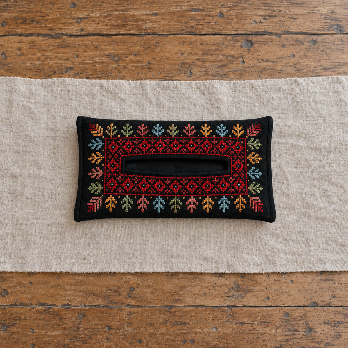 Colour Border Tatreez Tissue Holder - Black - empty cover without tissues