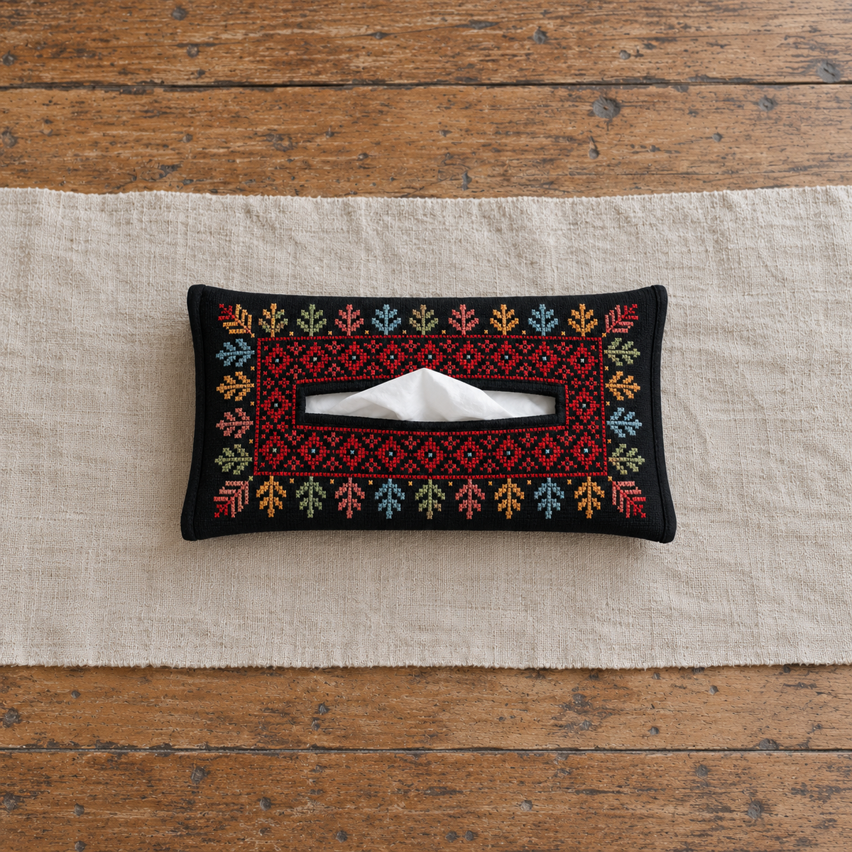 Colour Border Tatreez Tissue Holder - Black - product view
