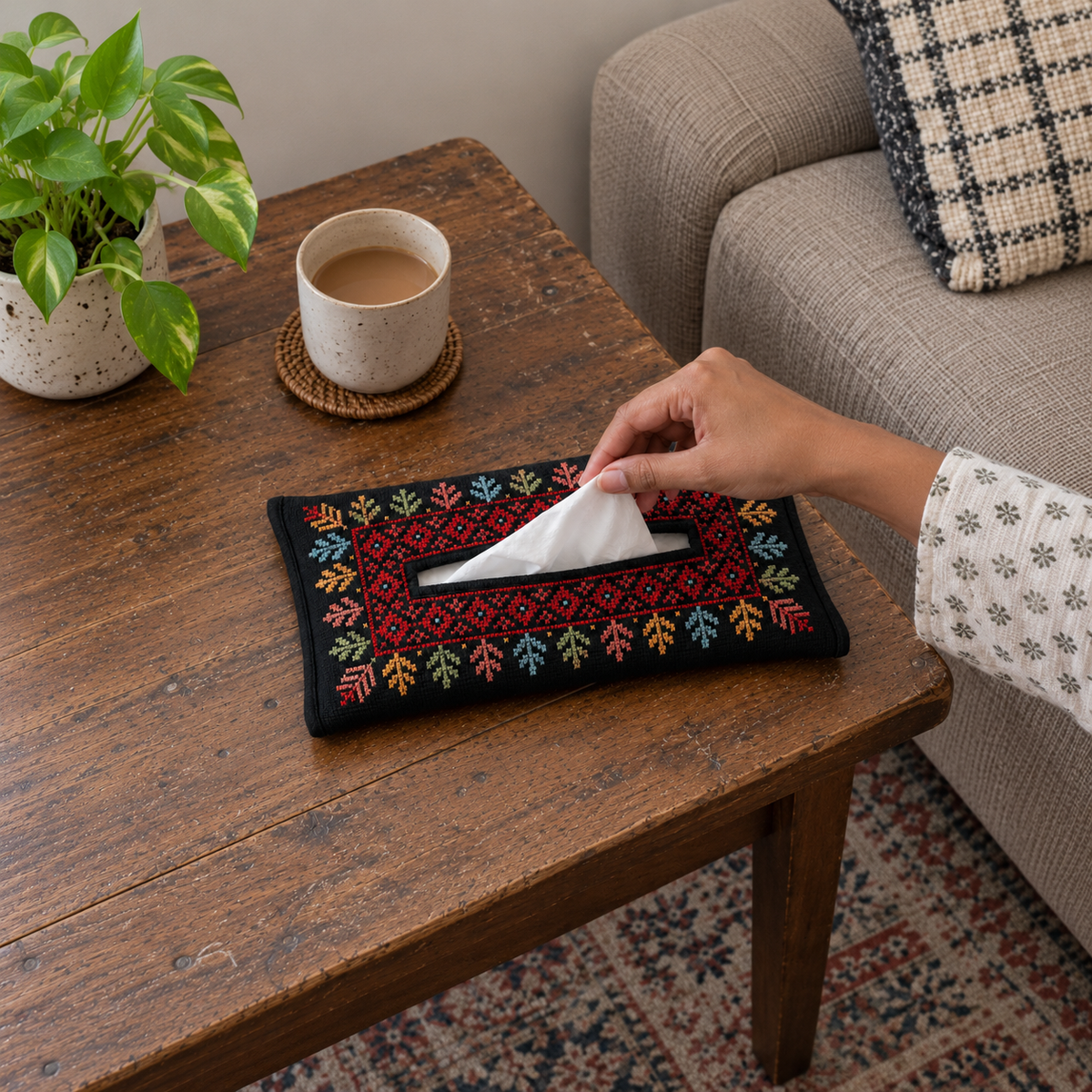 Colour Border Tatreez Tissue Holder - Black - shown in use
