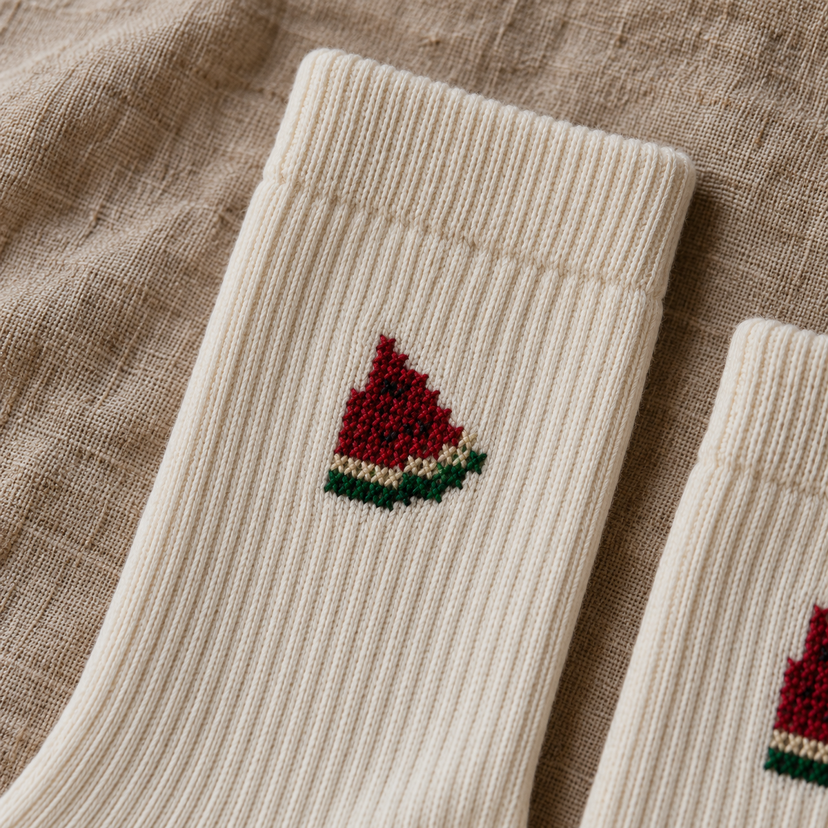 Watermelon Tatreez Socks - embroidery detail, digitally generated supplementary image