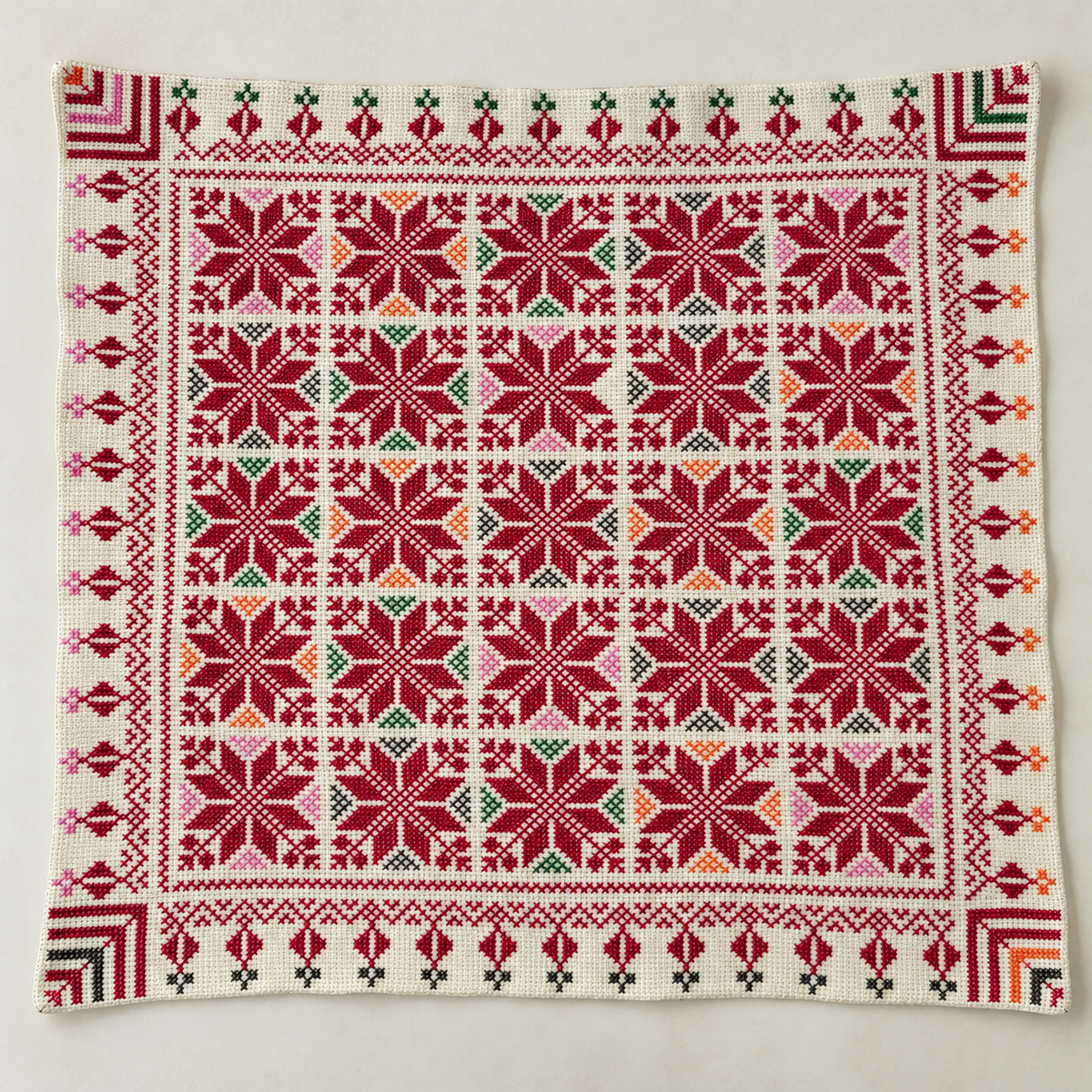 Burgundy Floral Tatreez Cushion Cover - Cream, embroidered front laid flat