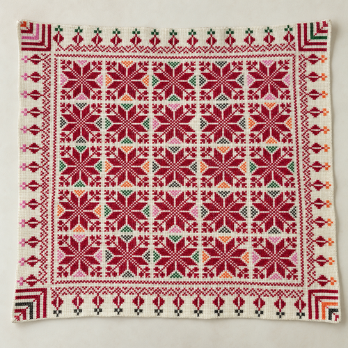 Burgundy Floral Tatreez Cushion Cover - Cream, embroidered front laid flat