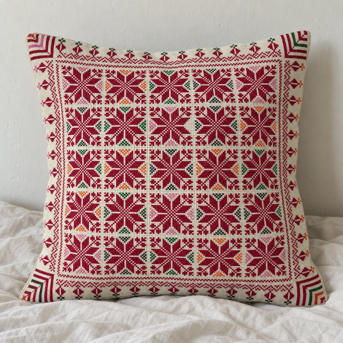 Burgundy Floral Tatreez Cushion Cover - Cream, styled on a cushion insert