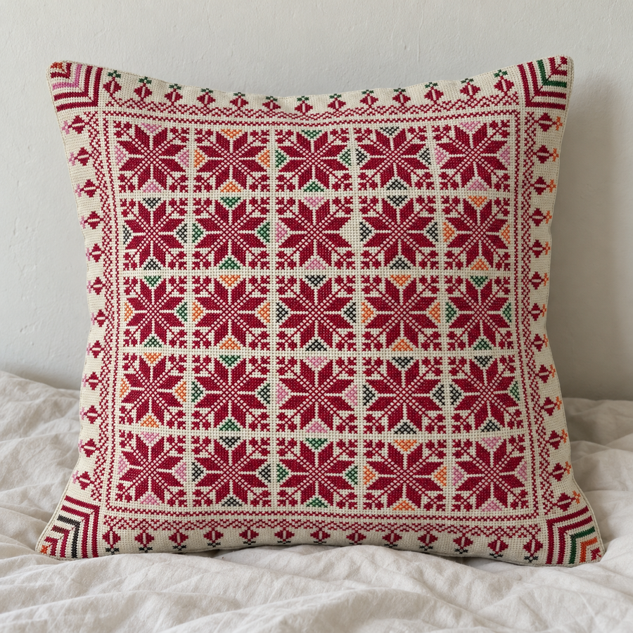 Burgundy Floral Tatreez Cushion Cover - Cream, styled on a cushion insert