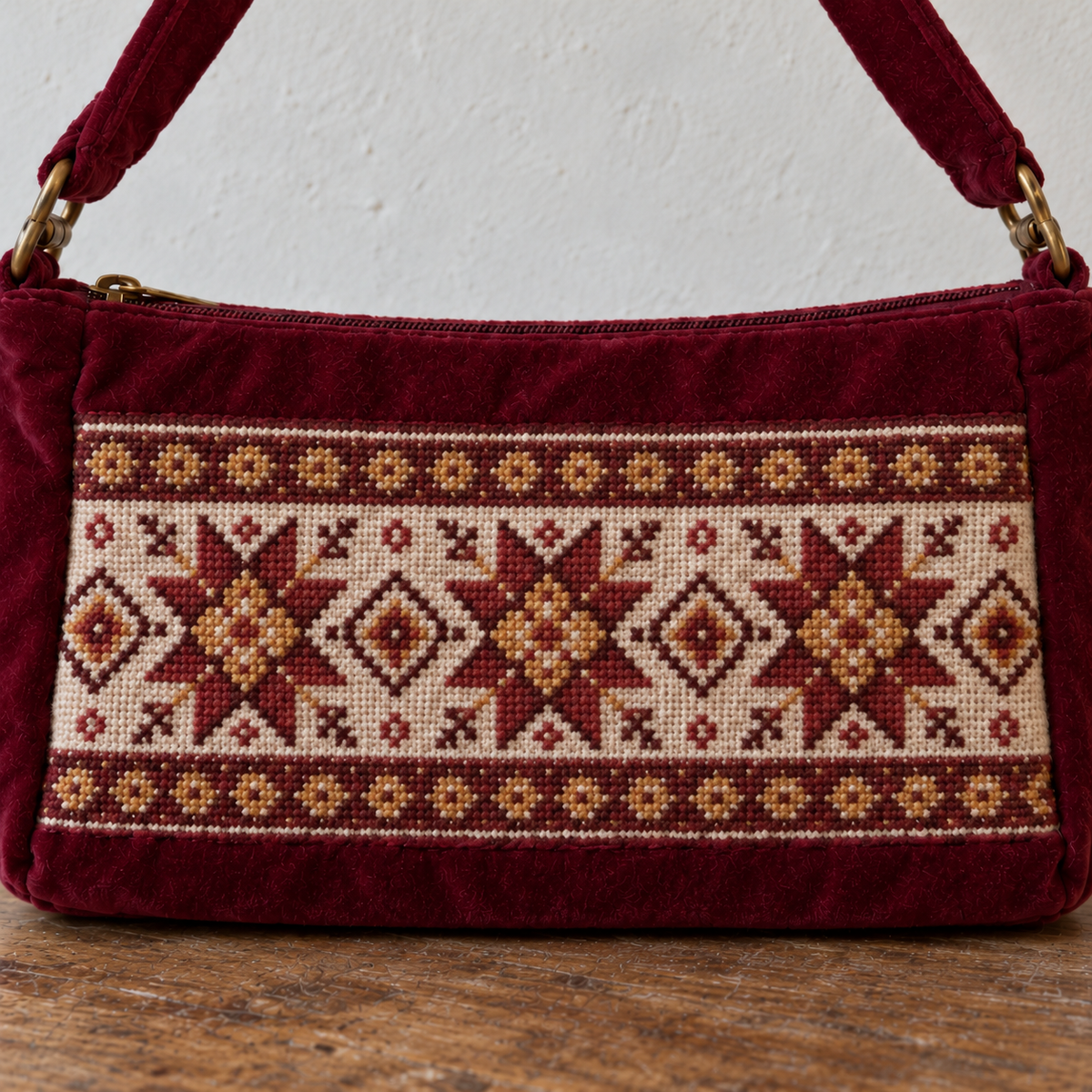 Burgundy Geometric Velvet Tatreez Shoulder Bag - detail