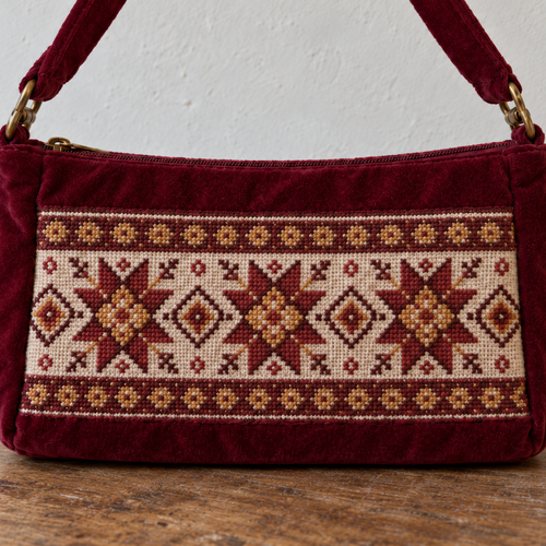 Burgundy Geometric Velvet Tatreez Shoulder Bag - detail