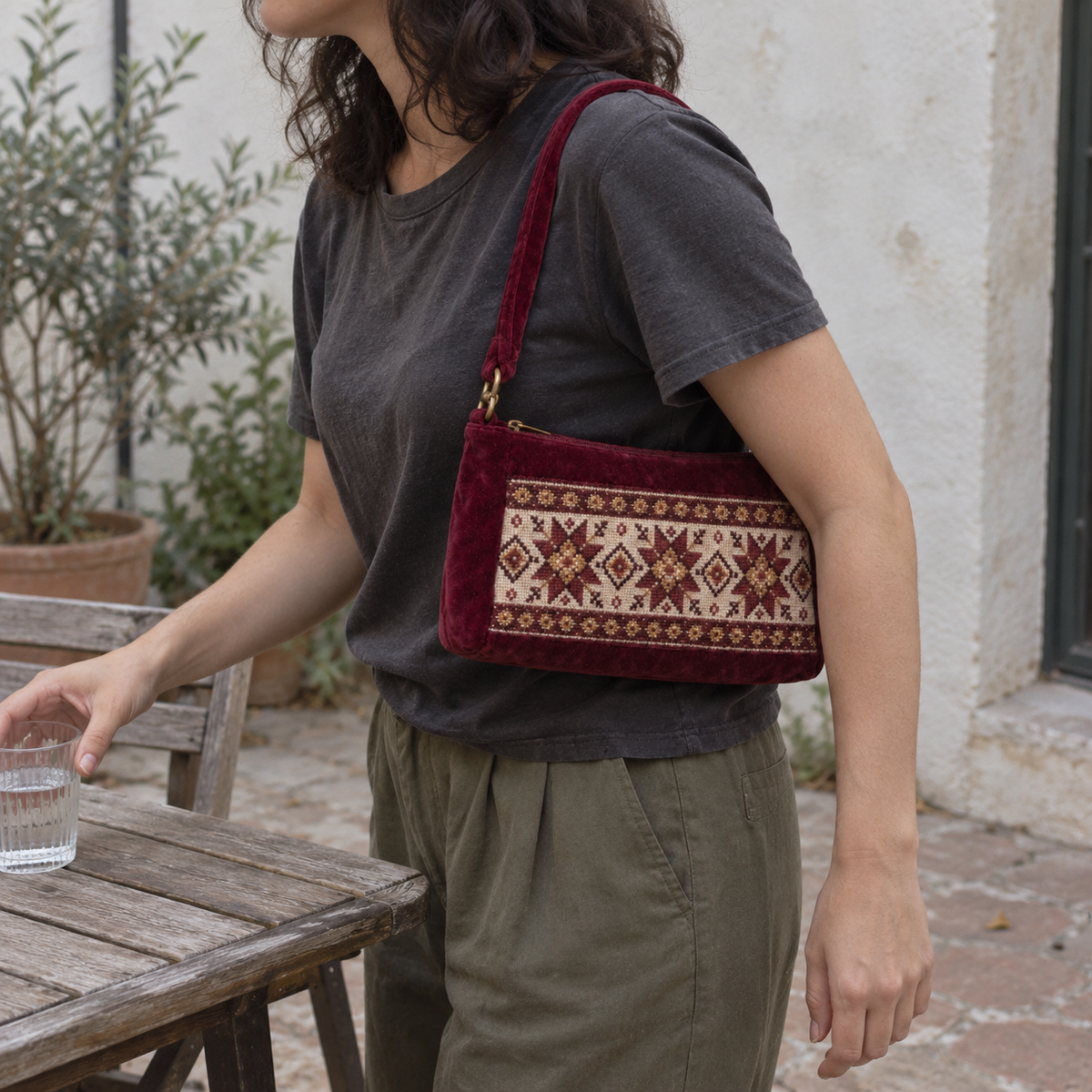 Burgundy Geometric Velvet Tatreez Shoulder Bag - model