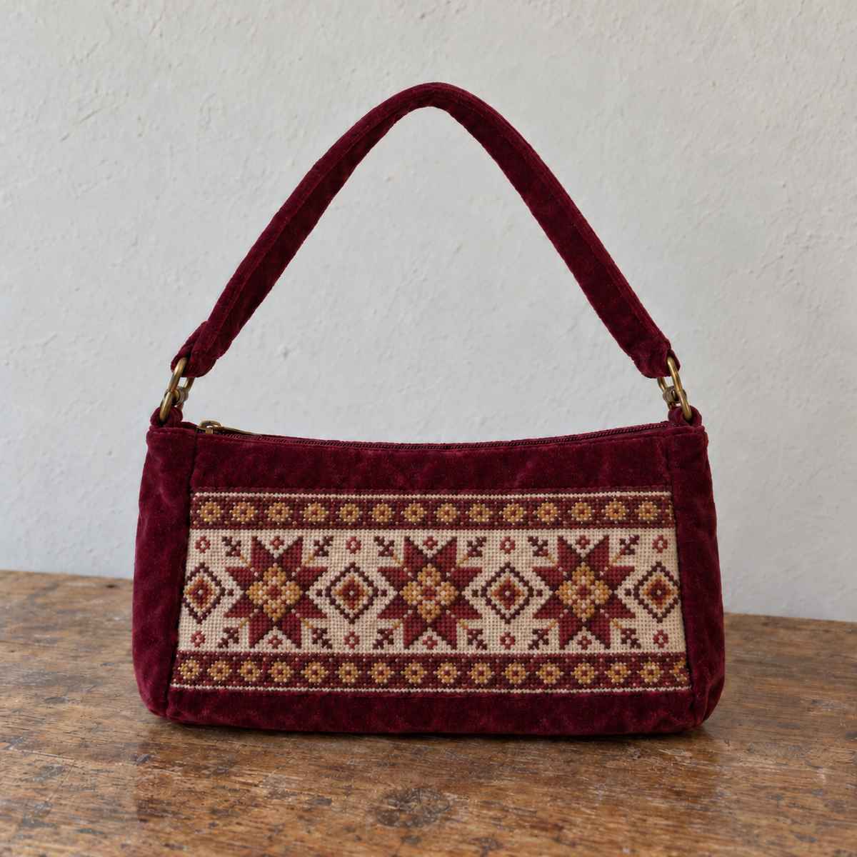 Burgundy Geometric Velvet Tatreez Shoulder Bag - product