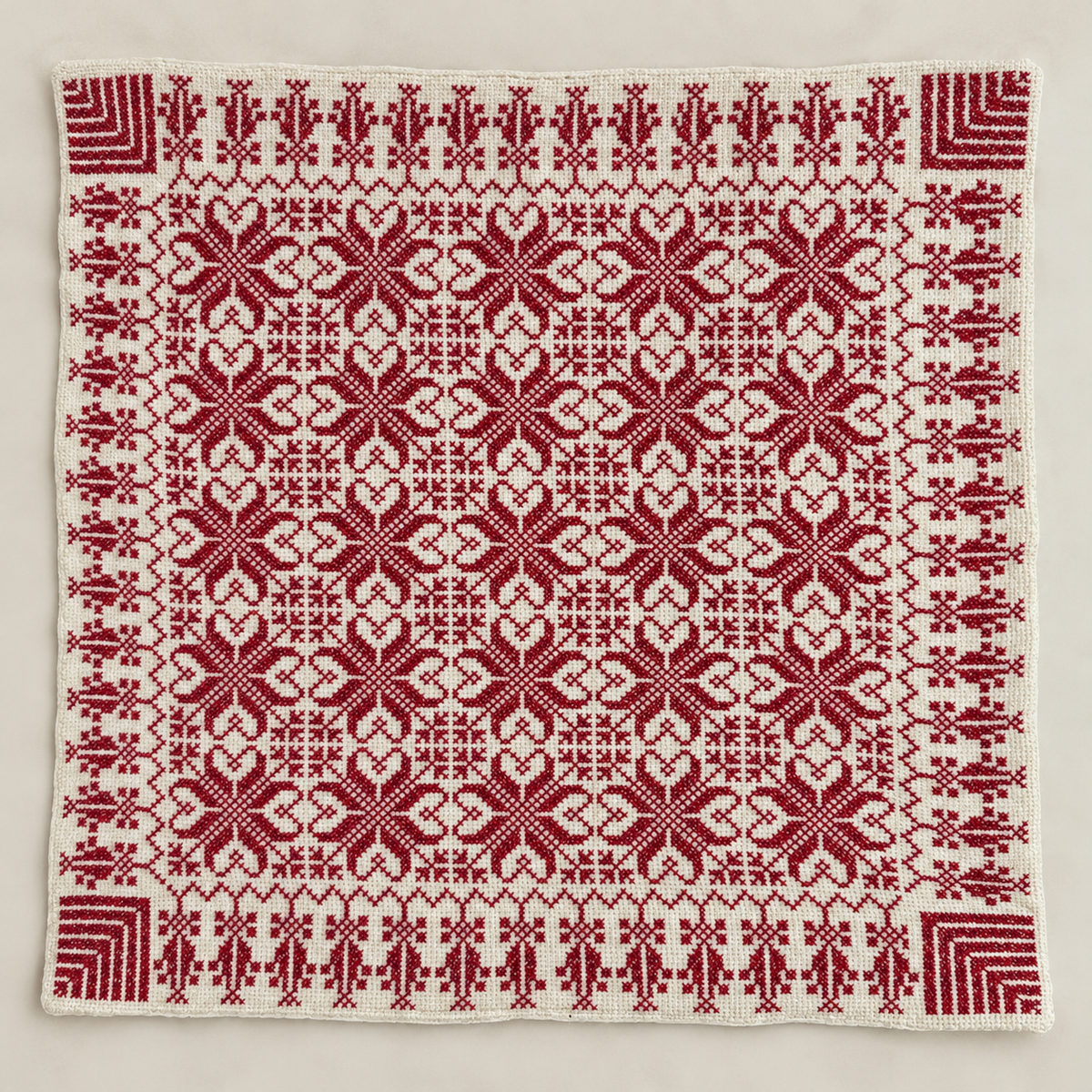 Burgundy Heart Floral Tatreez Cushion Cover - Cream, embroidered front laid flat