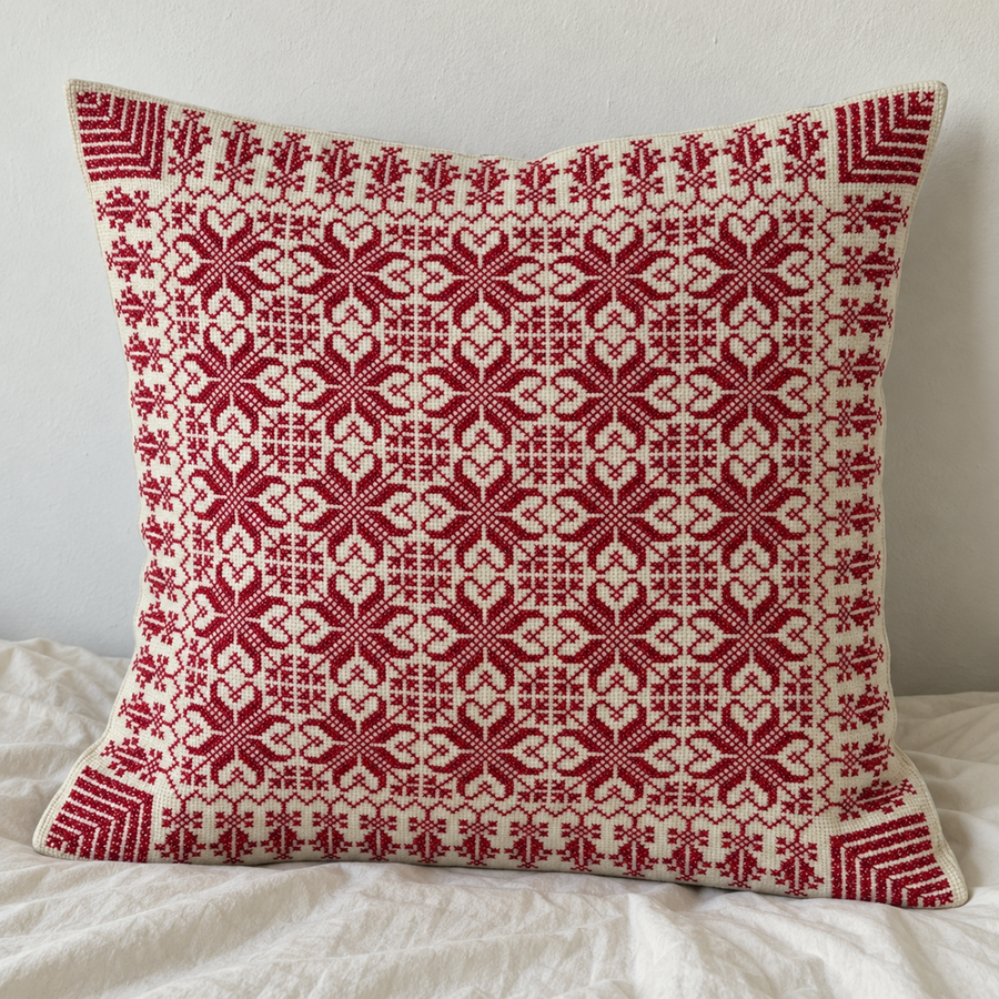 Burgundy Heart Floral Tatreez Cushion Cover - Cream, styled on a cushion insert