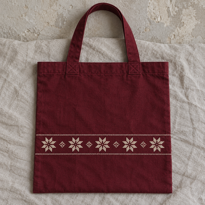 Burgundy flat cotton tote with an ivory geometric star band