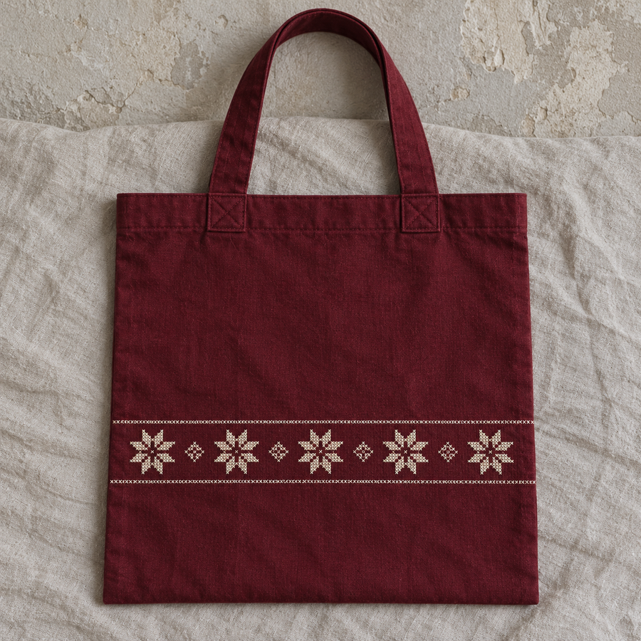 Burgundy flat cotton tote with an ivory geometric star band