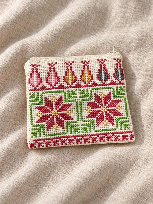 Burgundy Twin Star Tatreez Coin Purse - Green and Cream - styled product view