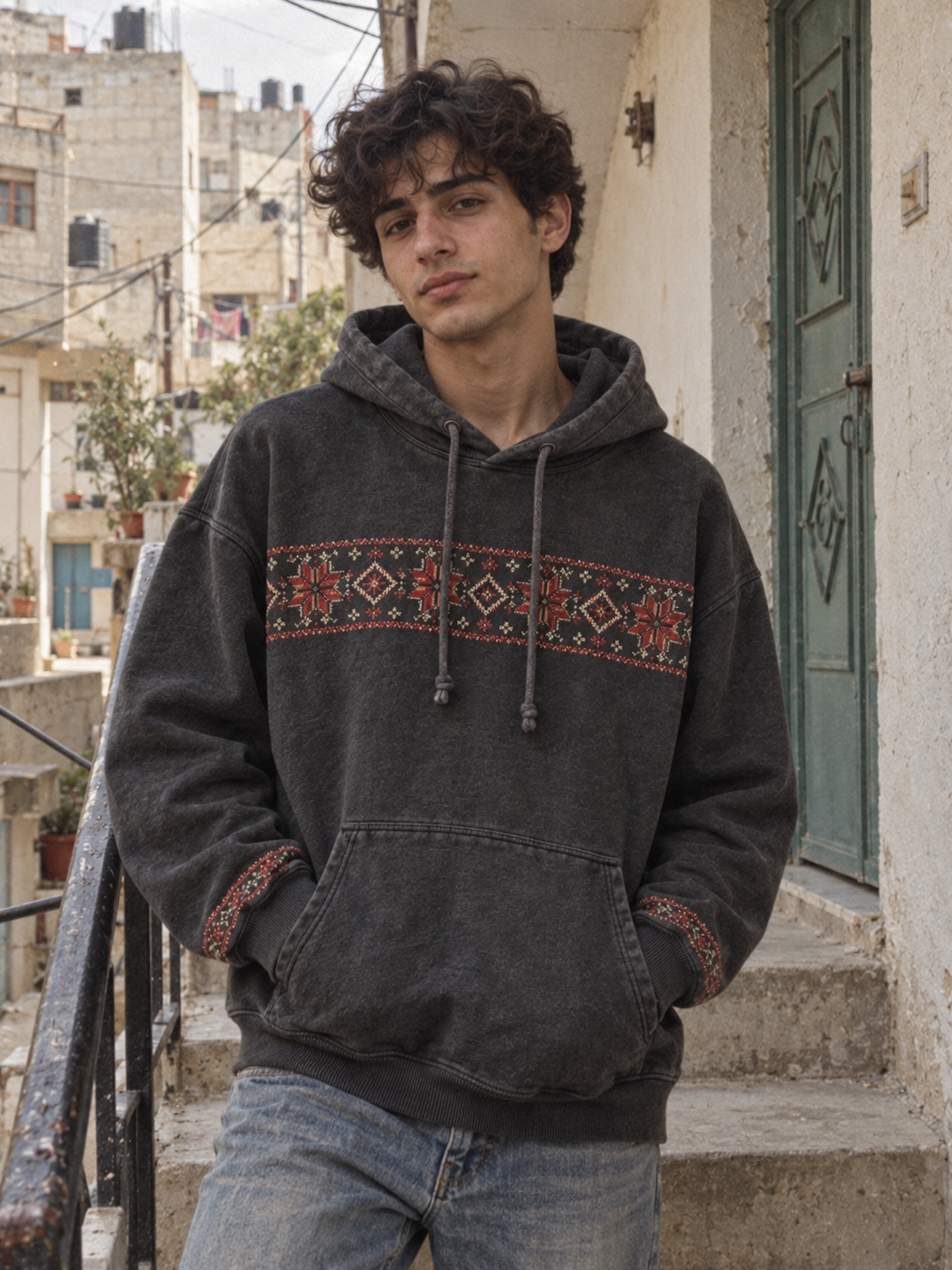 Man wearing a charcoal hoodie with red and cream tatreez chest and cuff bands beside a doorway.