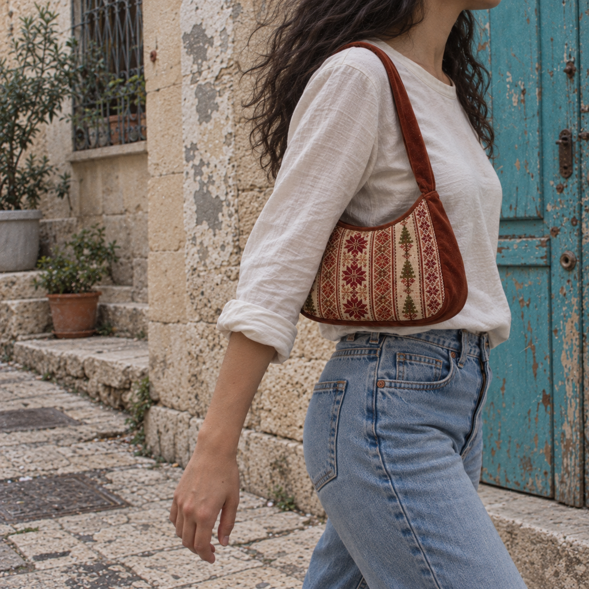 Cinnamon velvet tatreez shoulder bag worn on the shoulder